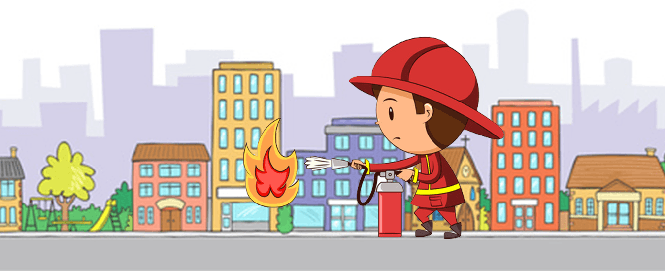 cartoon child in firefighter outfit putting out a small fire