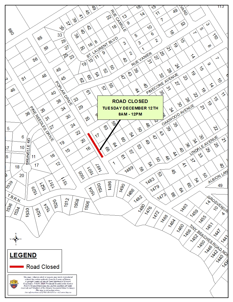 image of a road closure map indicating Poplar Drive will be temporarily closed between Oakwood and Pincone