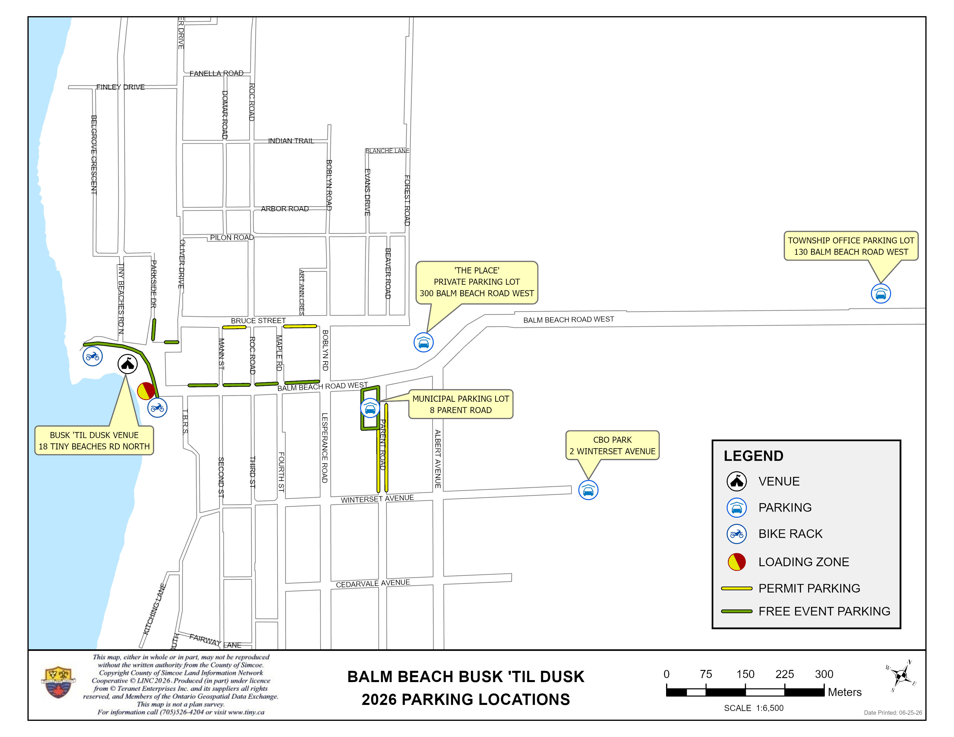 A street map showing parking locations for the Busk 'till Dusk event.