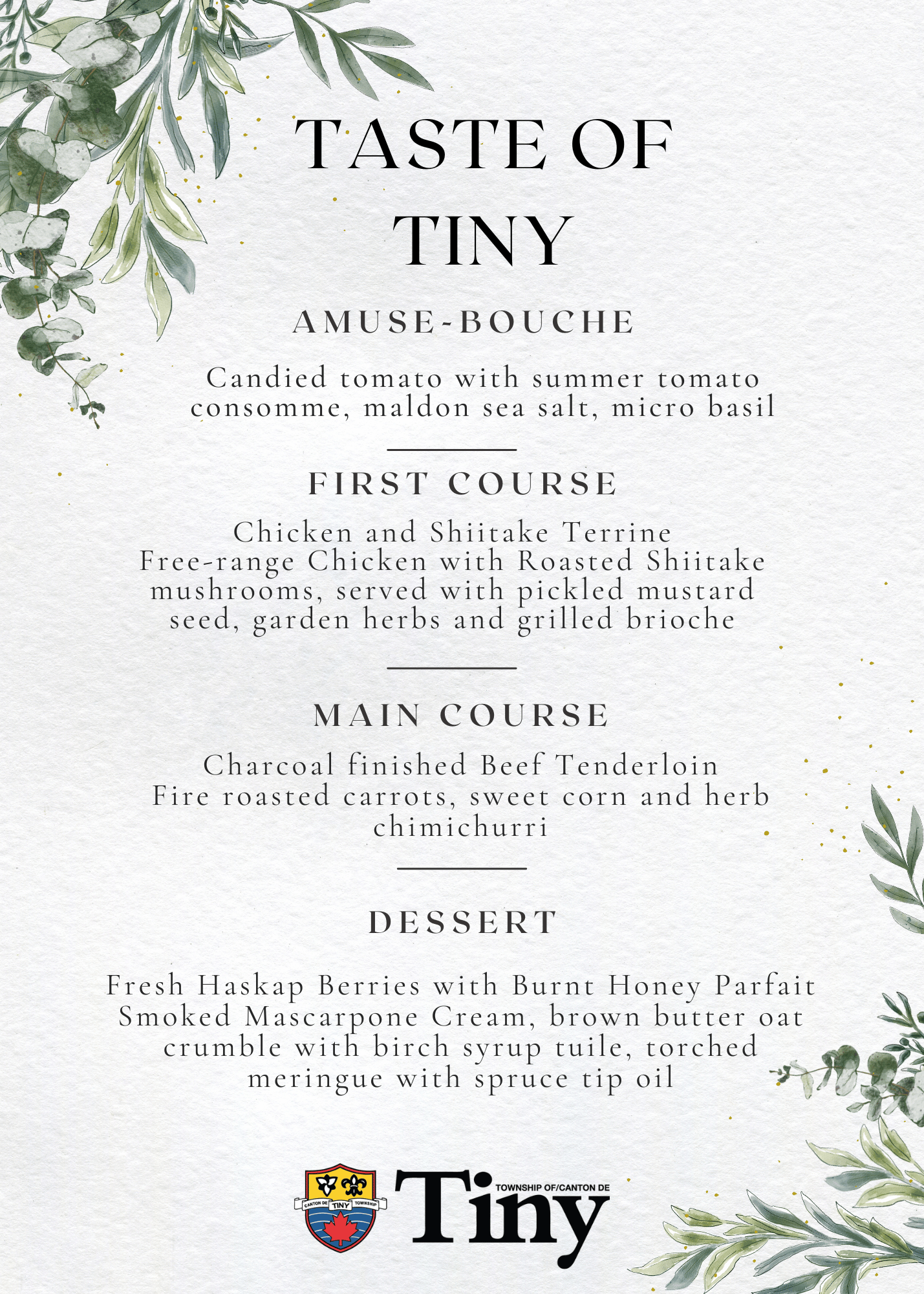 Taste of Tiny multi-course dinner menu featuring a candied tomato amuse-bouche, chicken and shiitake terrine, charcoal-finished beef tenderloin, and a haskap berry and burnt honey parfait dessert.