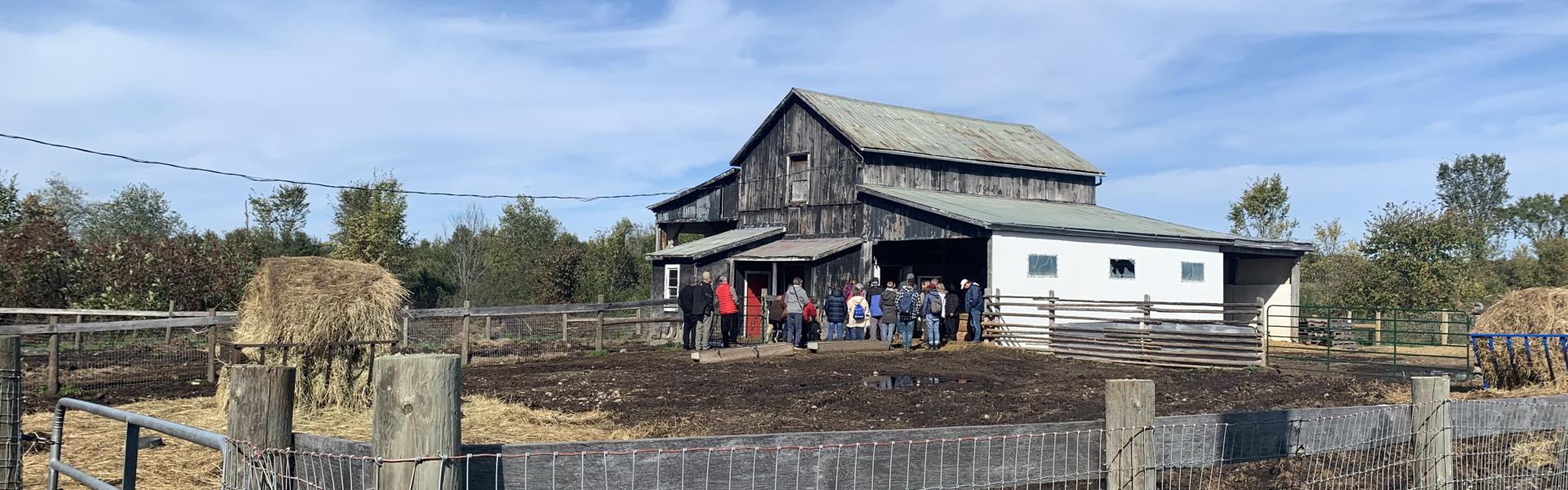 People gathering at barn on a farm