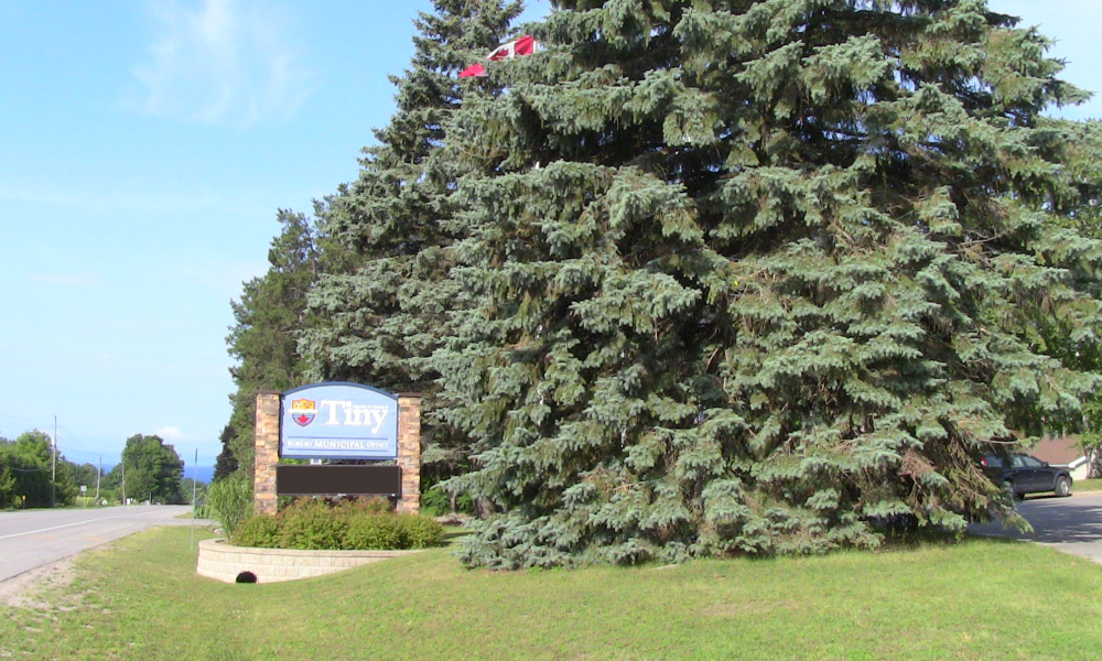 image of the front office sign with no message and the large pine trees