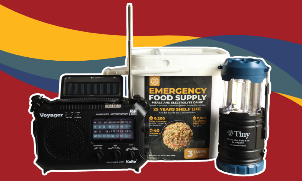 Emergency preparedness week contest prize including a radio, emergency food supply, and flashlight