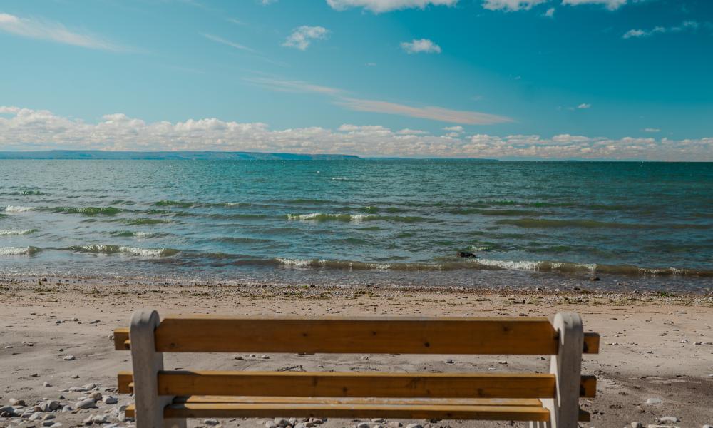 view from behind a public wooden bench looking out onto the beach with the lake slowly rolling waves into shore under a blue sky with light cloud cover