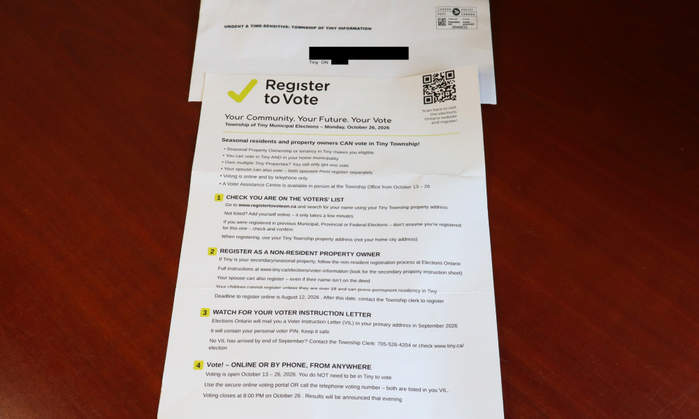 Letter that appears to be from the Township of Tiny and Register to Vote, a brand owned and operated by Elections Ontario. 