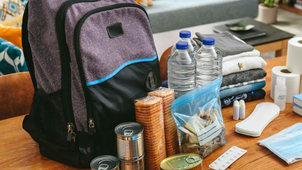 emergency kit supplies sitting on a table in front of a purple backpack