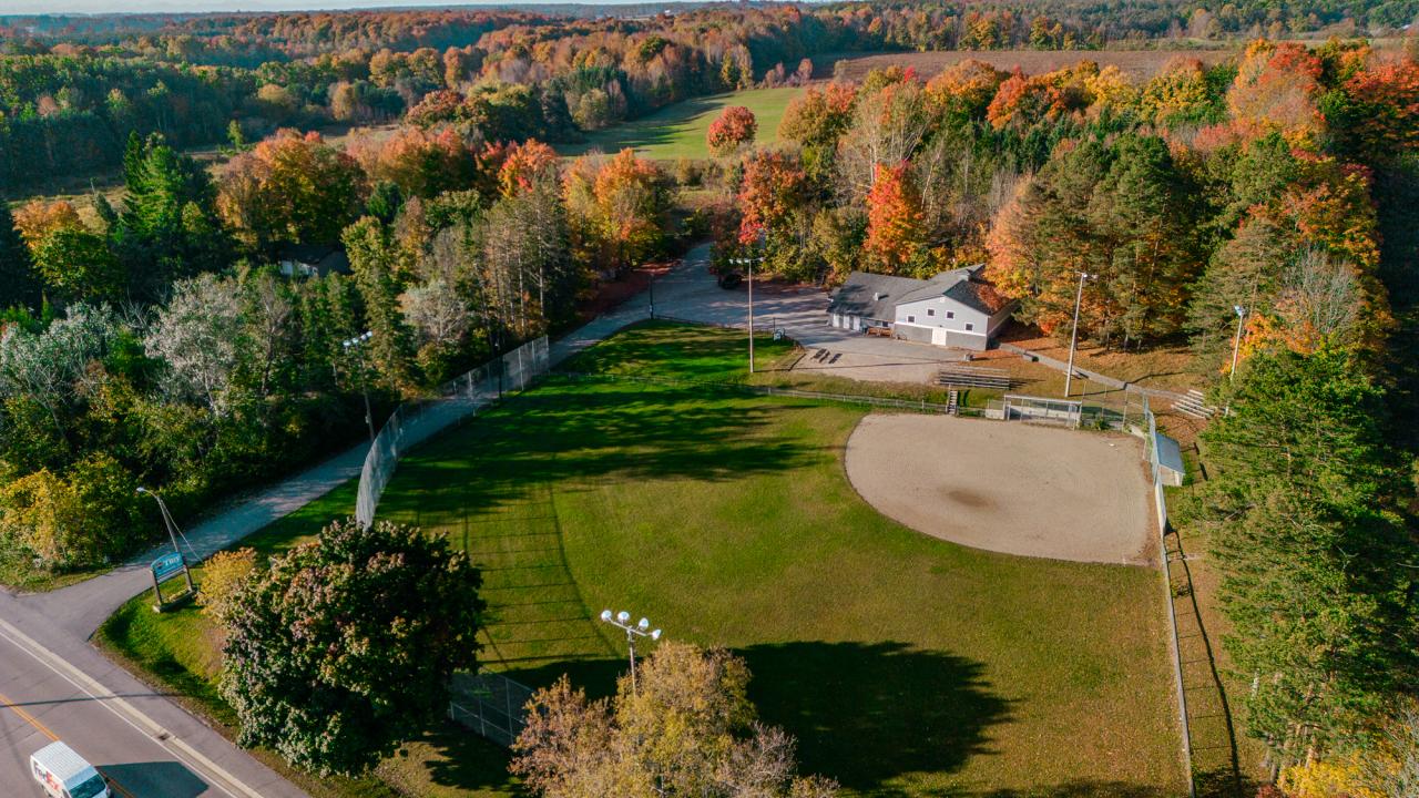 aerial image of Wyebridge Park showing the ball diamond, community centre, and surrounding trees