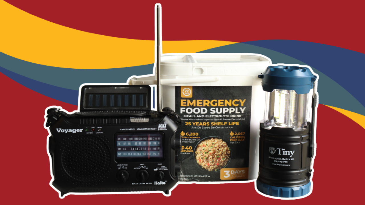 Emergency preparedness week contest prize including a radio, emergency food supply, and flashlight