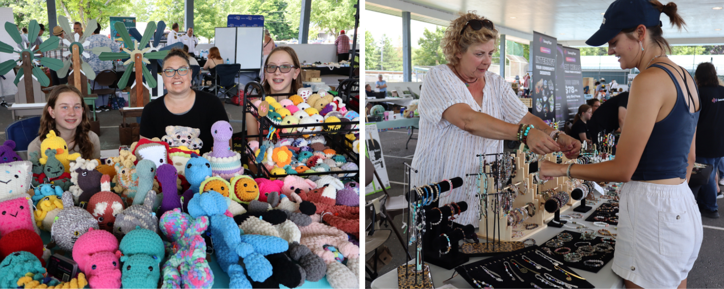 Two photos. On the left, a woman and two children sitting behind a table that has crocheted animals on it. On the right, a woman stands behind a jewelry table holding out a bracelet to another woman's wrist.