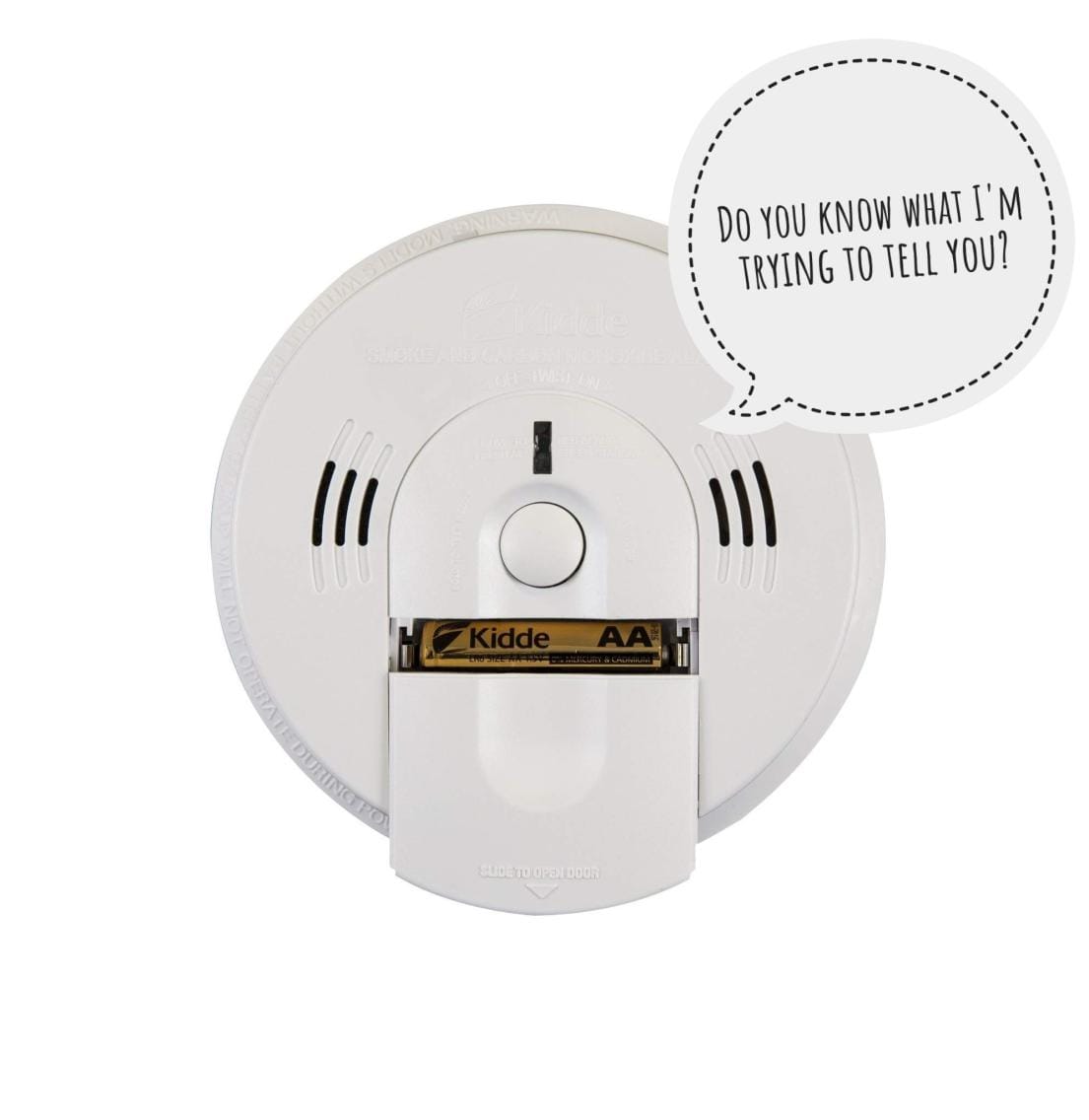 a smoke alarm with a speech bubble