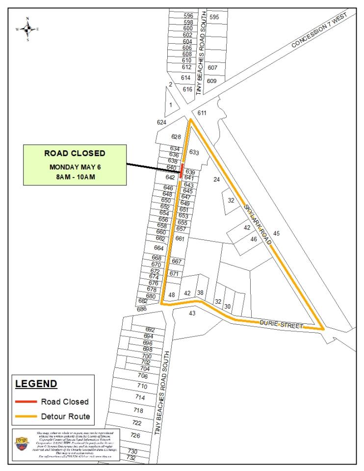 image of a road closure map that closes a portion of TBRS and has a detour around Skylar Road and Durie Street