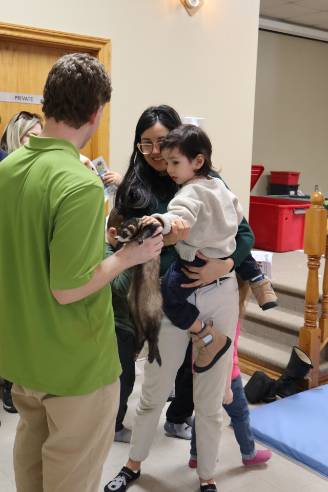 Mom holding a young child that is reaching out to pet a ferret