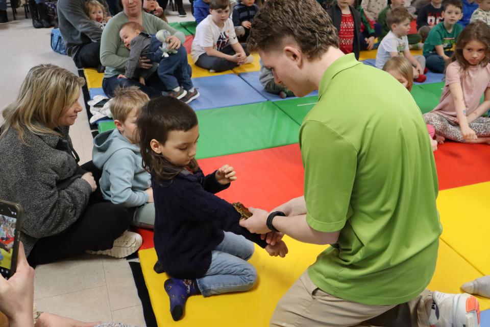 Zoo to You staff placing a gecko on a child's arm