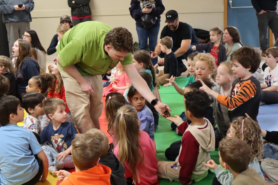 Zoo to You staff holding a tarantula with a child holding out their hand