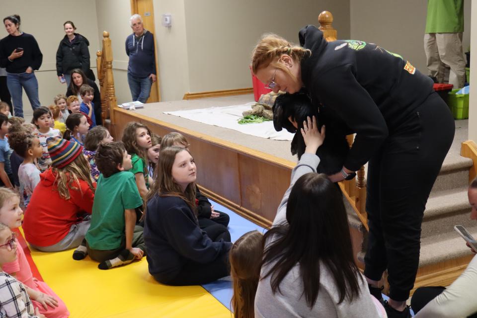 Zoo to You staff bringing a large black rabbit around through the crowd