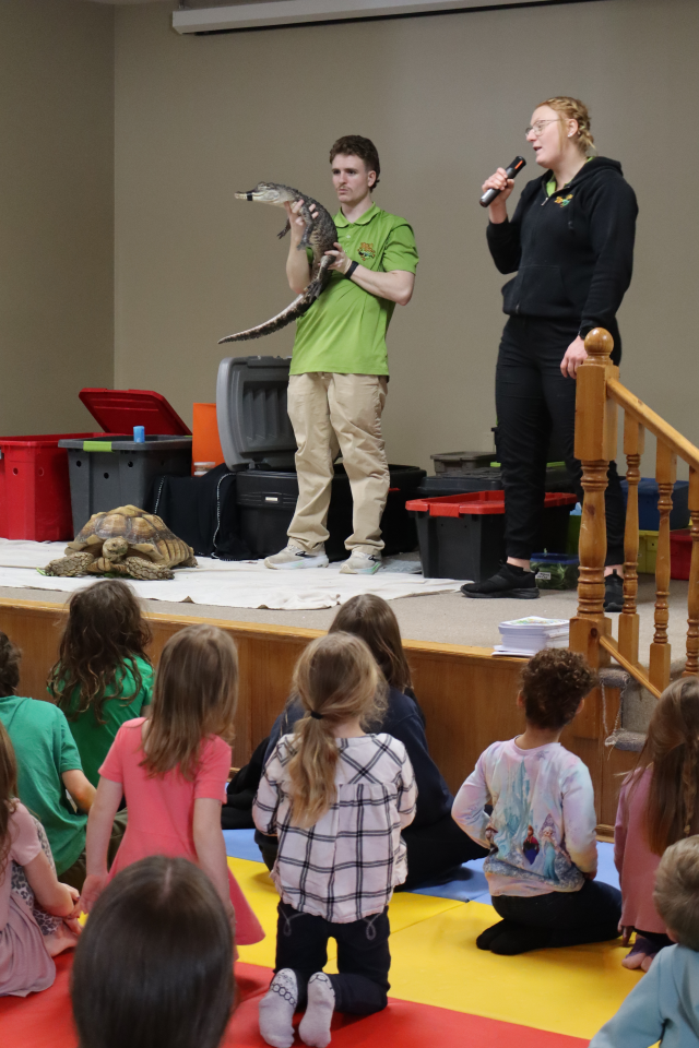 Zoo to You staff on stage with a small crocodile