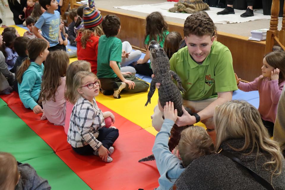 Zoo to You staff holding a crocodile in the crowd so a child can pet their back