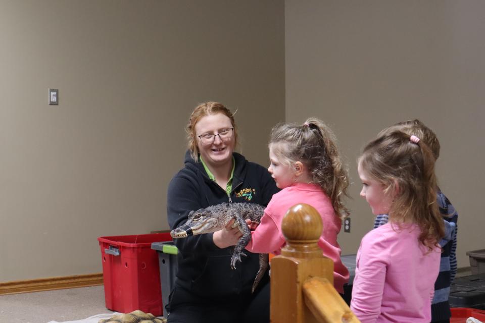 Girl in a bright pink sweater holding the small crocodile with the help of Zoo to You staff