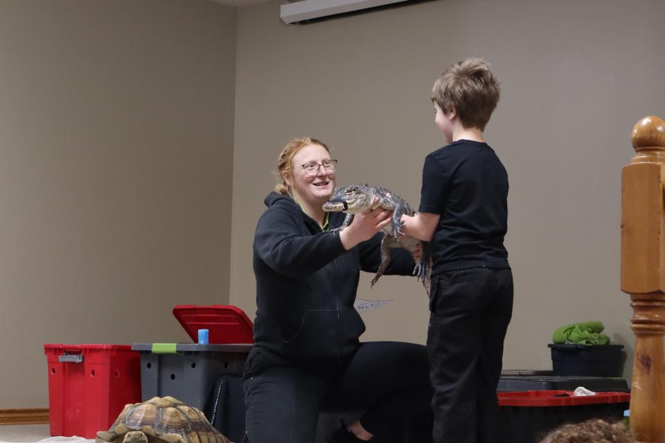 Boy in a black tshirt holding the small crocodile with the help of Zoo to You staff