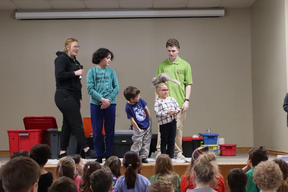 Group of kids on the stage, the young girl on the far side has a chinchilla on their head