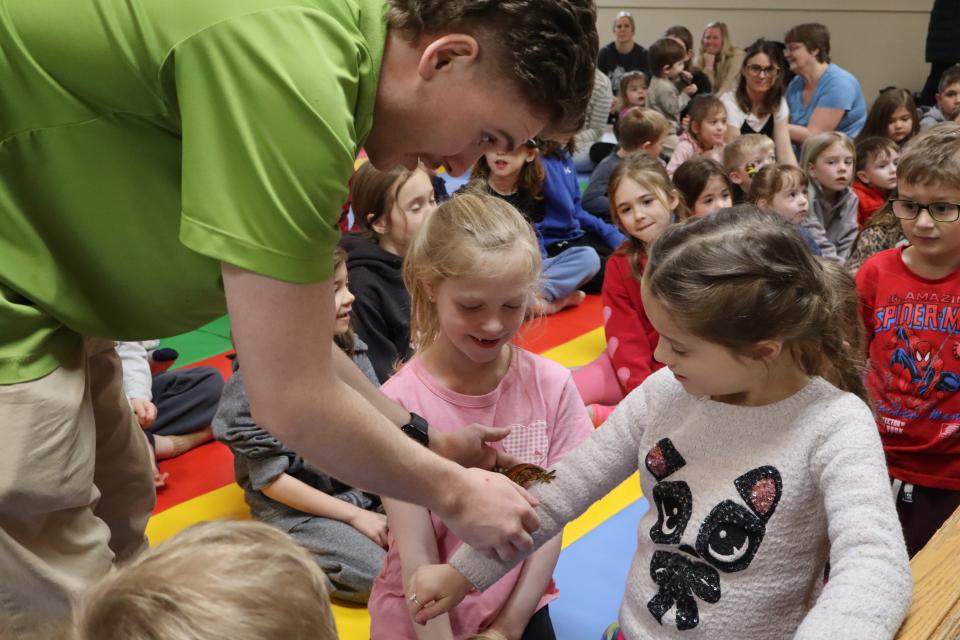 Zoo to You staff placing a gecko on a child's arm