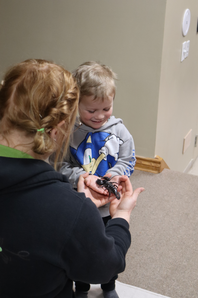 Zoo to You staff helping a young boy hold a scorpion