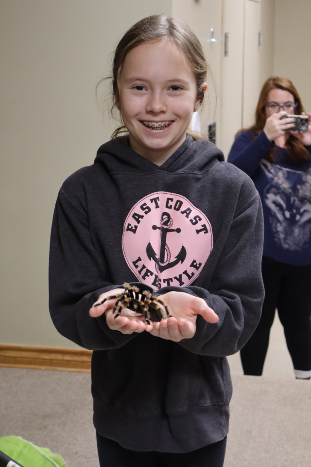 Child in a grey sweater standing on stage holding a tarantula