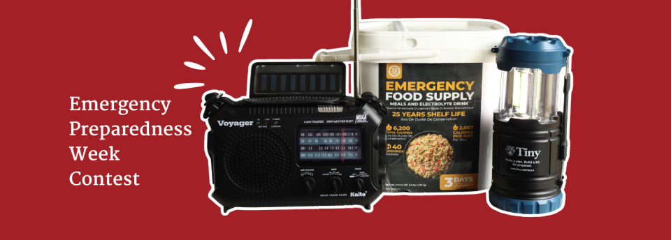 banner image showing a radio, 72-hour food supply kit, and flashlight as the grand prize for the emergency preparedness week contest