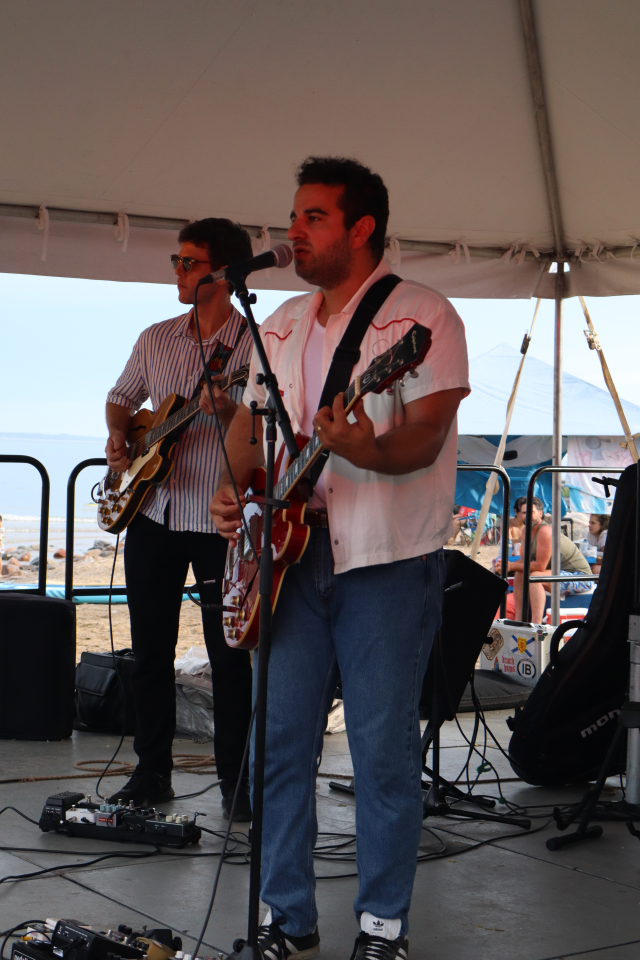 Singer and guitarist from The Lonely Hearts band performing on stage.