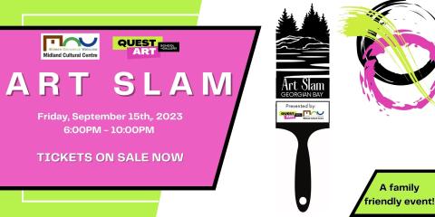 Quest Art/Art Slam event on September 15 from 6 pm to 10 pm in the Midland Cultural Centre, 333 King St, Midland, ON Description:A battle of the brushes where artists compete, spectators cheer and one talented winner is chosen! Quest Art School + Gallery is excited to host the 5th Annual Art Slam. Art Slam is a battle of the brushes that invites 24 artists to produce their best painting. 