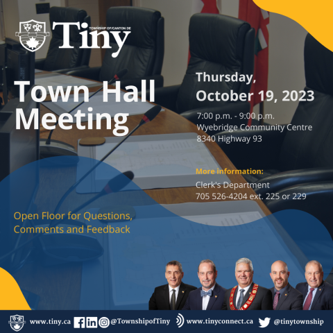 image of town hall meeting poster with photos of the mayor, deputy mayor and all three councilors, the meeting is on october 19 at 7pm
