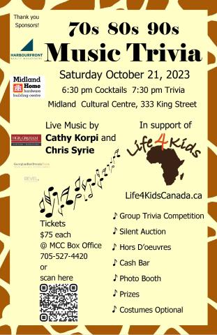 poster for Life 4 Kids' 70s 80s and 90s trivia night at the Midland cultural centre October 21