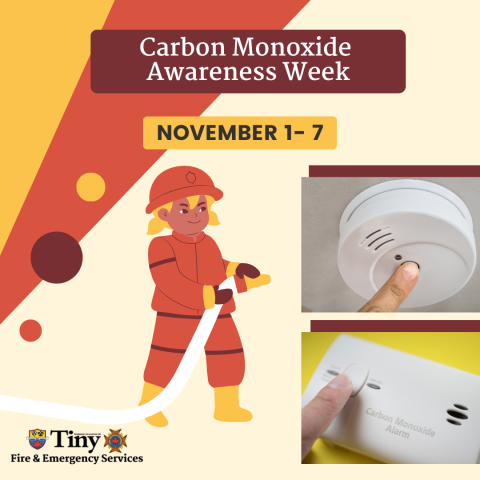 image of carbon monoxide awareness week promotional image with a firefighter and pictures of two kinds of CO alarms