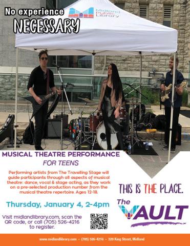 poster for the midland public library's musical theatre for teens performance - image of a young band and indicating the event is on Jan 4 2-4pm