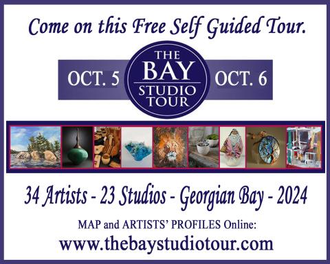 come on the free self guided Bay Studio Tour on October 5 and 6. 34 artists, 23 studios, georgian bay - 2024. map and artists profiles online at www.thebaystudiotour.com