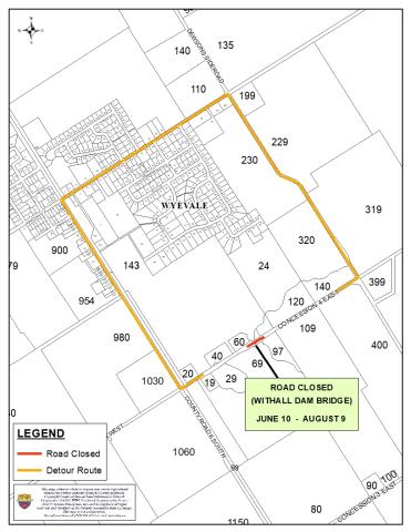 image of a road closure map and detour for the withall dam bridge rehabilitation