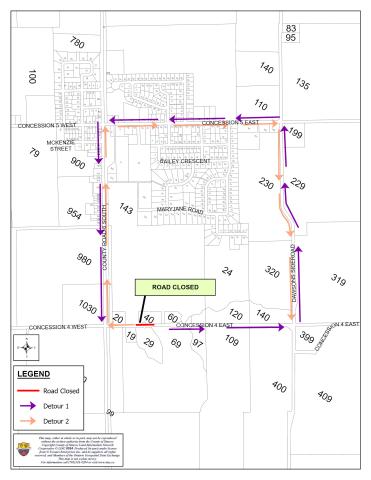 Road Closure and detour map for a road closure on concession road 4 east