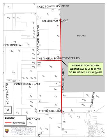 Map indicating the intersection of Angela Schmidt Foster Road and Marshall Road will be closed from Wednesday July 30 at 7 a.m. until Thursday, July 31 ay 6 p.m.