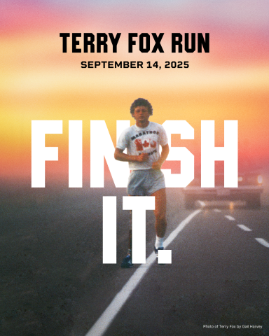 terry fox running along a road way with text reading terry fox run september 14, 2025, finish it