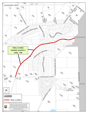 Tiny Rail Trail Closure map indicating the trail is closed from Concession 12 to Penetanguishene