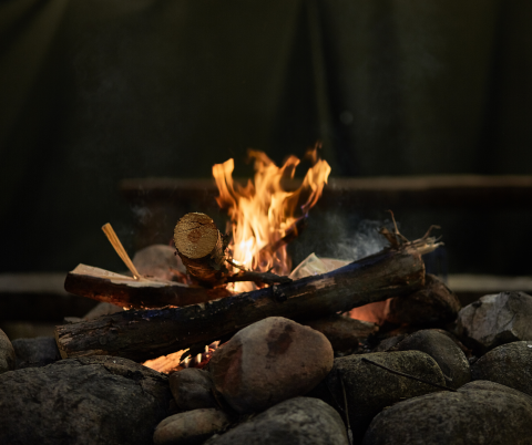 campfire made inside of a rock firepit, a few small logs on the top with a short flame coming out of the top