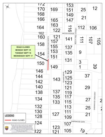 Road closure map for Tiny Beaches Road North indicating the closure is from Monday September 15 to Wednesday September 17