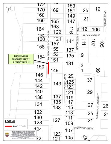 road closure map indicating a closure at 150 Tiny Beaches Road North