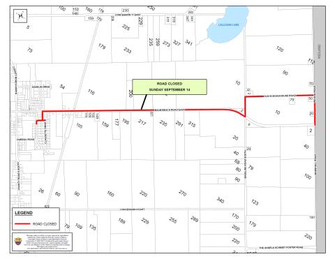map of the road closures affected by the Terry Fox Run for 2025