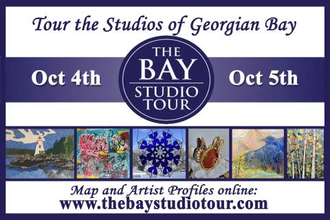 Poster for The Bay Studio Tour indicating that you can tour the studios of georgian bay on October 4th and 5th and that there is a Map and artist profiles on their website