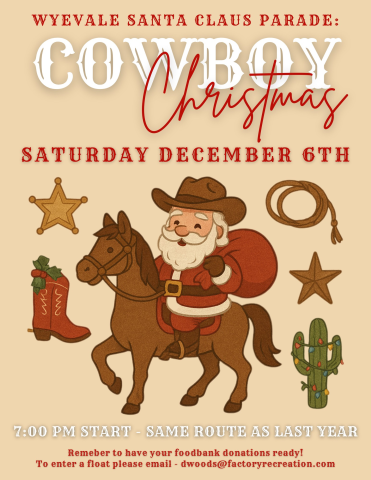 cartoon image of santa claus wearing a cowboy hat riding a horse indicating the annual santa claus parade has a theme of cowboy christmas