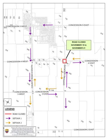 Temporary Road Closure Notice Map – Intersection of Dawson’s Sideroad and Concession 4 East