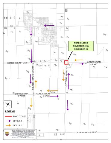Road Closure Notice Map indicating intersection of Dawsons sideroad and concession 4 east will be closed