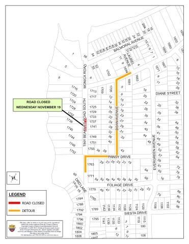 Road Closure Notice Map showing temporary closure of portion of Tiny Beaches Road South
