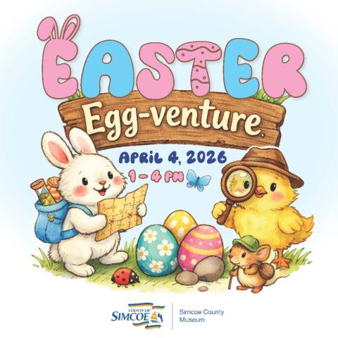 promotional image with a cartoon rabbit, chicken, and mouse looking for easter eggs with text reading Easter Egg-Venture April 4, 2026 1-4 pm